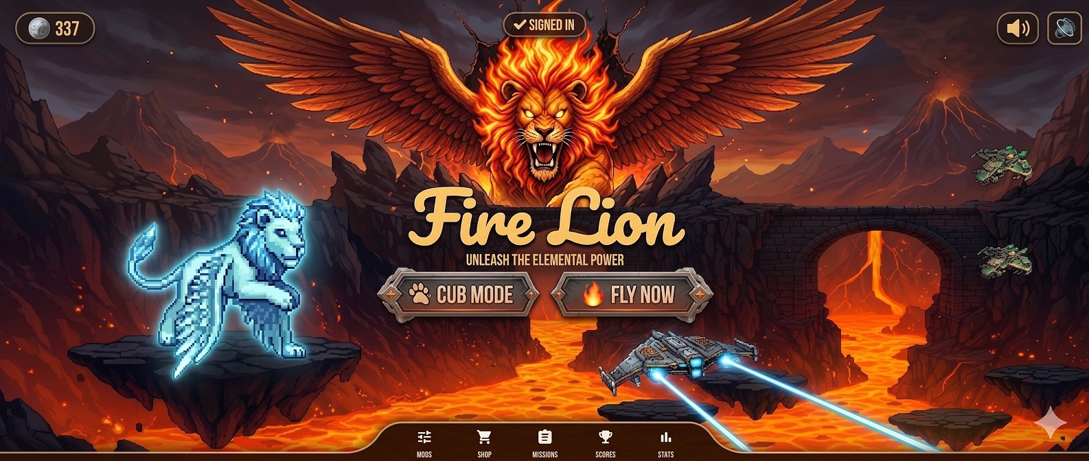Fire Lion title screen — a winged fire lion over a lava landscape, with Cub Mode and Fly Now