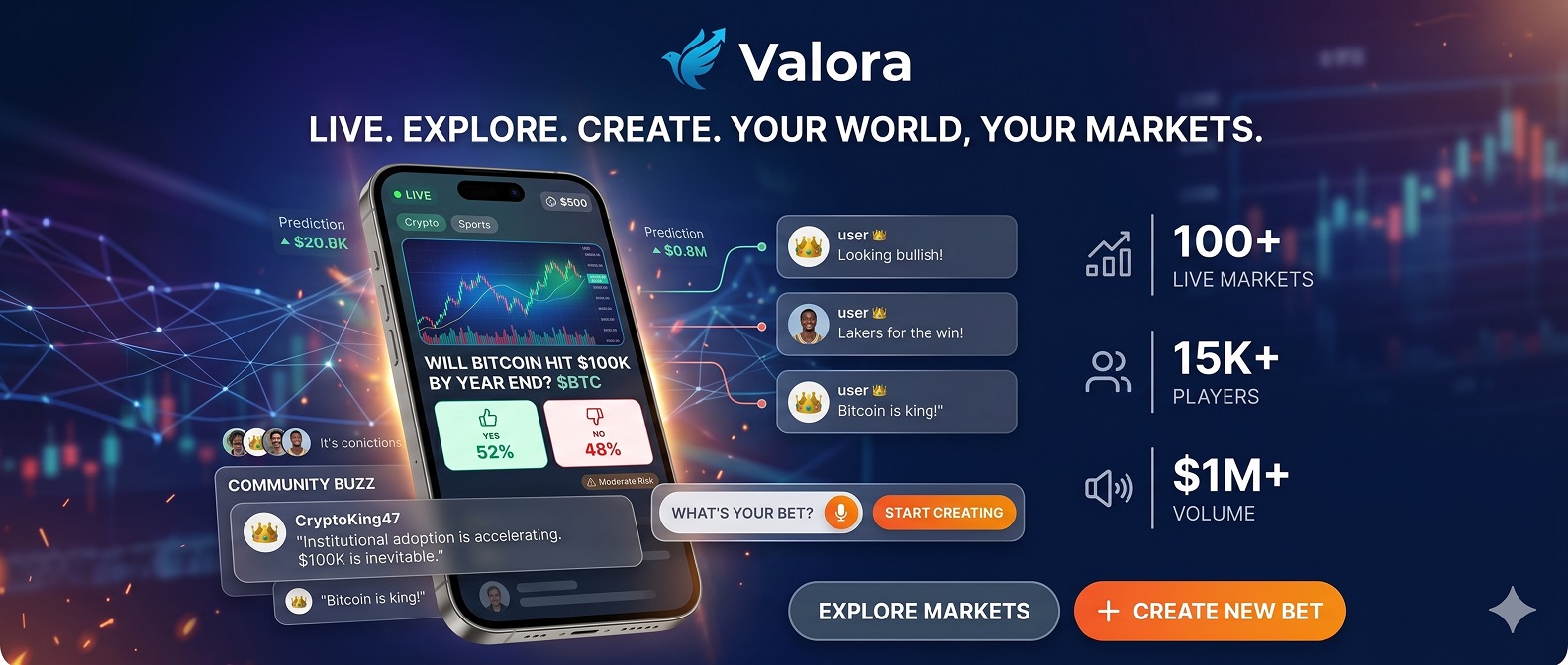 Valora — live social prediction markets on mobile: community buzz, yes/no market cards, and voice-created bets